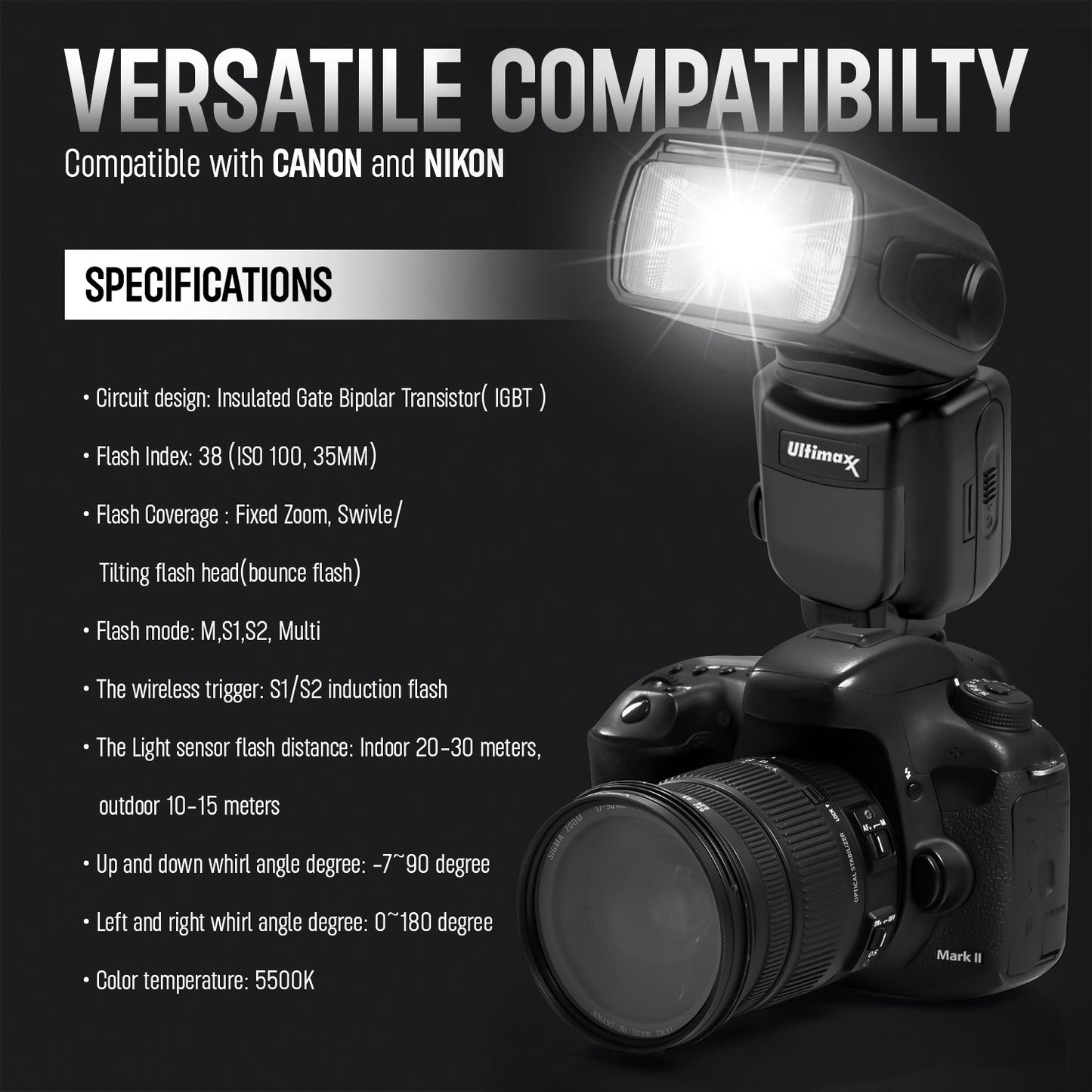 Universal Auto Flash w/ LCD Display by Ultimaxx, Slave Mode, Carry Pouch