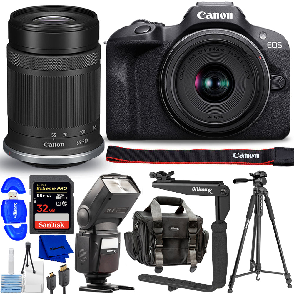 Canon EOS R100 Mirrorless Camera with 18-45mm and 55-210mm Lenses - 10PC Bundle