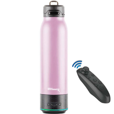 Vakuumisolierte Premium-Wasserflasche von Ultimaxx (Pink) mit wiederaufladbarem Bluetooth-Lautsprecher und Xtreme Mini-Bluetooth-Fernbedienung. Die Fernbedienung dient auch als Gaming-Joystick/Maus für Smartphone-Apps.