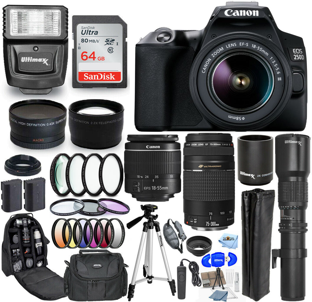 Canon EOS 250D/Rebel SL3 with 18-55mm + 75-300mm + 500mm 30 Piece Accessory Kit