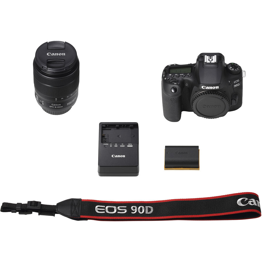 Canon EOS 90D DSLR-Kamera mit 18-135-mm-Objektiv + 64 GB + Blitz + Stativpaket