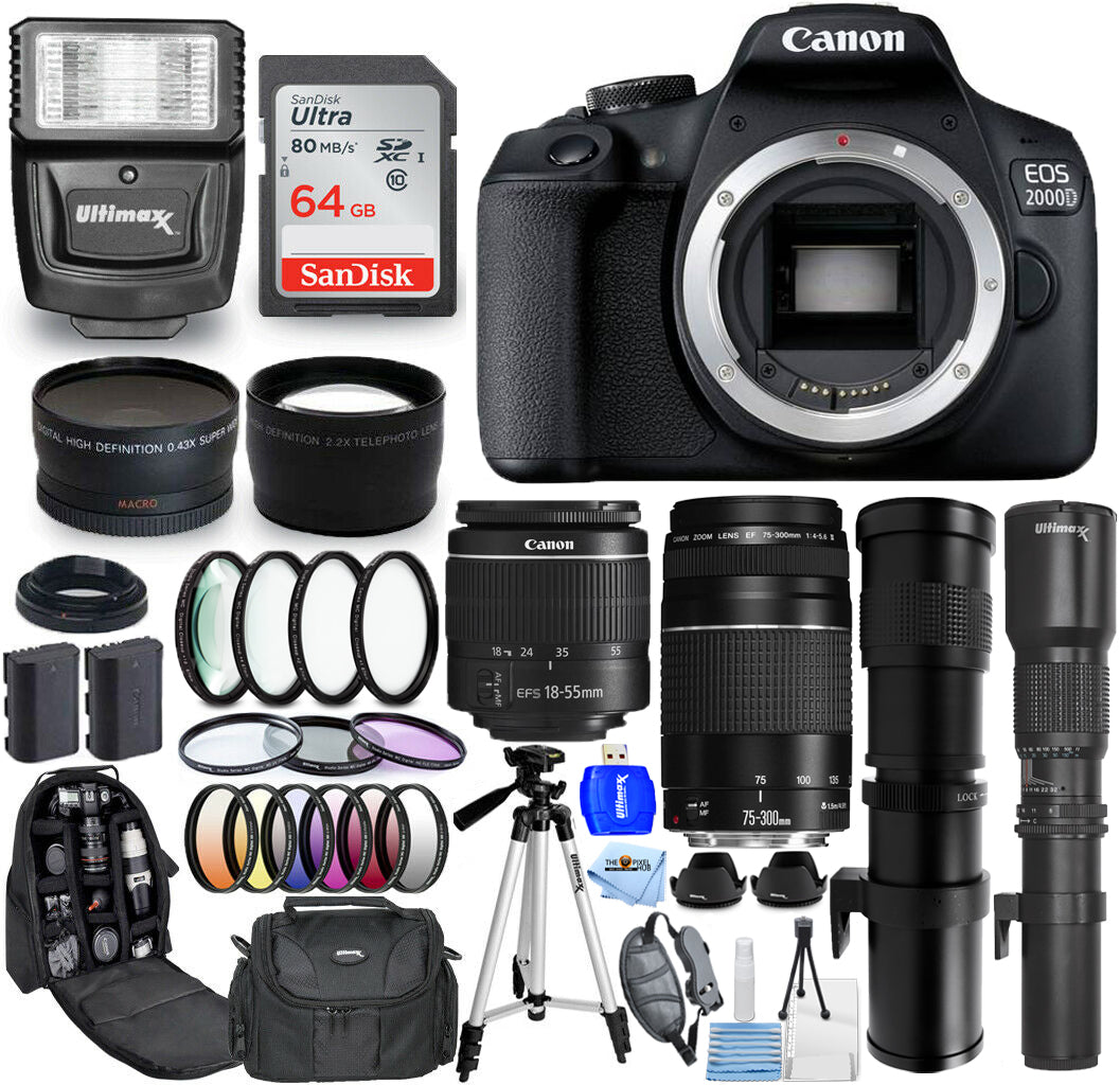 Canon EOS 2000D/Rebel T7 + 18-55 mm + 75-300 mm + 500 mm + 420-800 mm Objektivpaket