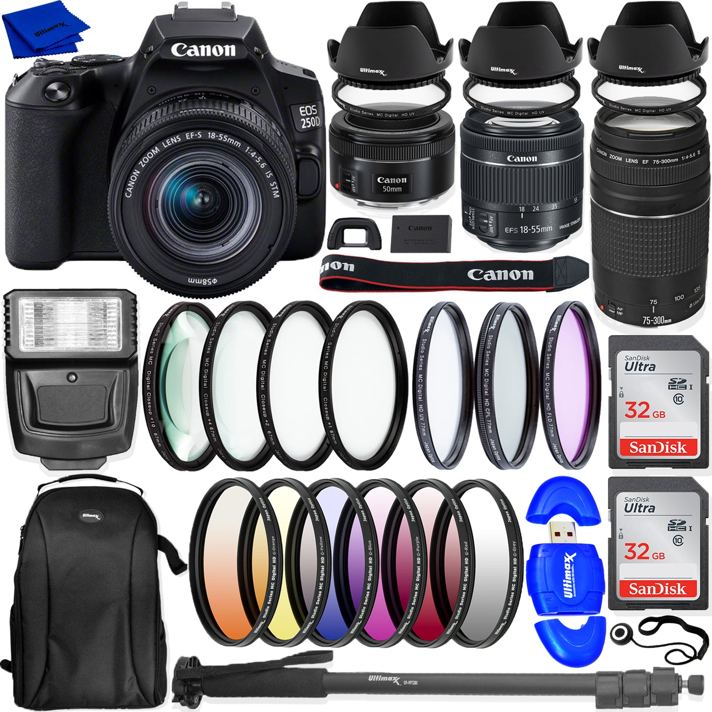 Canon EOS 250D / Rebel SL3 mit 18-55 mm + 75-300 mm + 50 mm + 64 GB-Paket