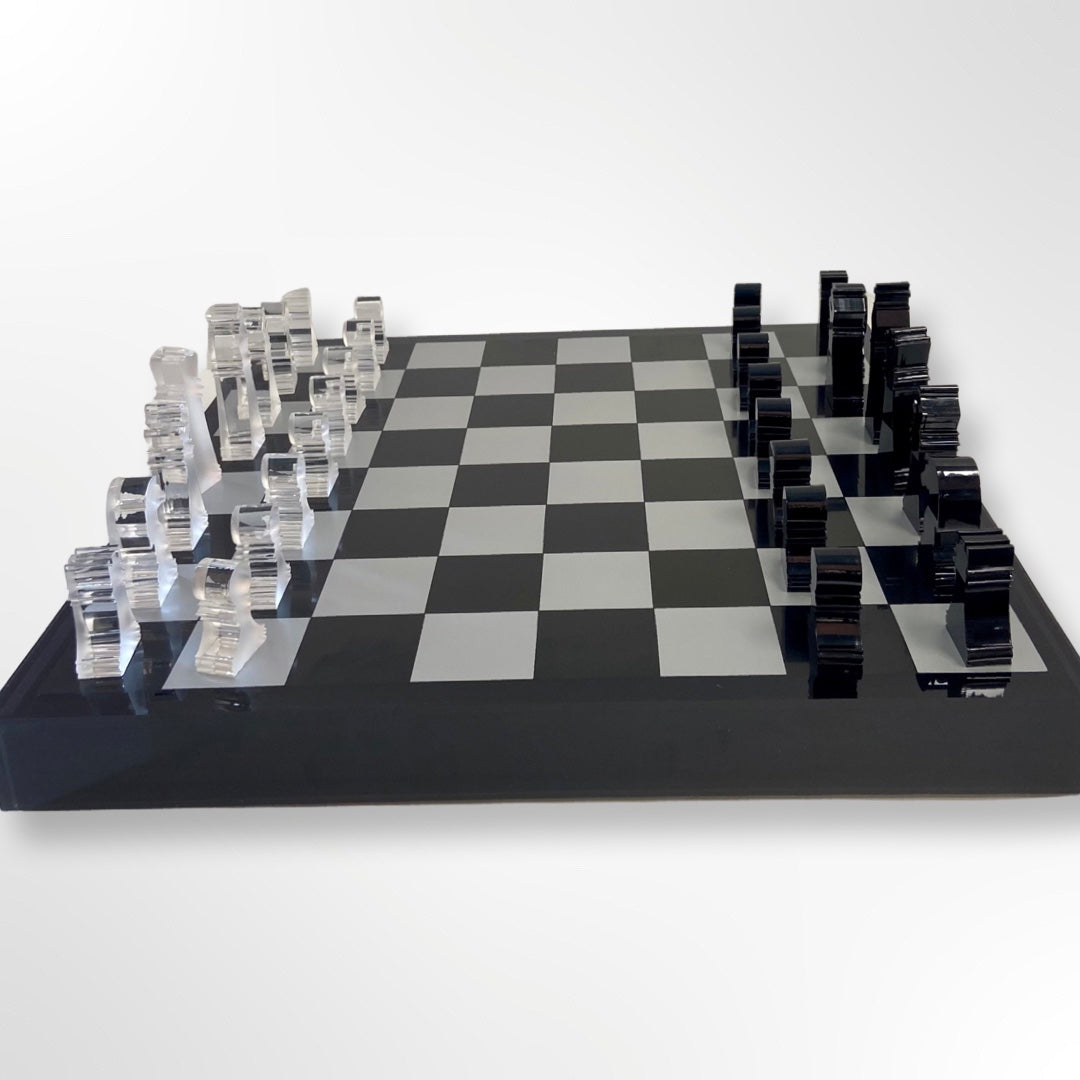 Lucite Acryl Schach + Dame Premium Set - Groß 17,5" (Schwarz/Silber)