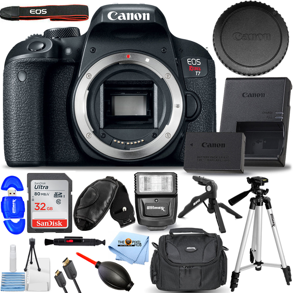 Canon EOS Rebel T7 DSLR-Kamera (nur Gehäuse) + 32 GB + Blitz + Stativ-Paket