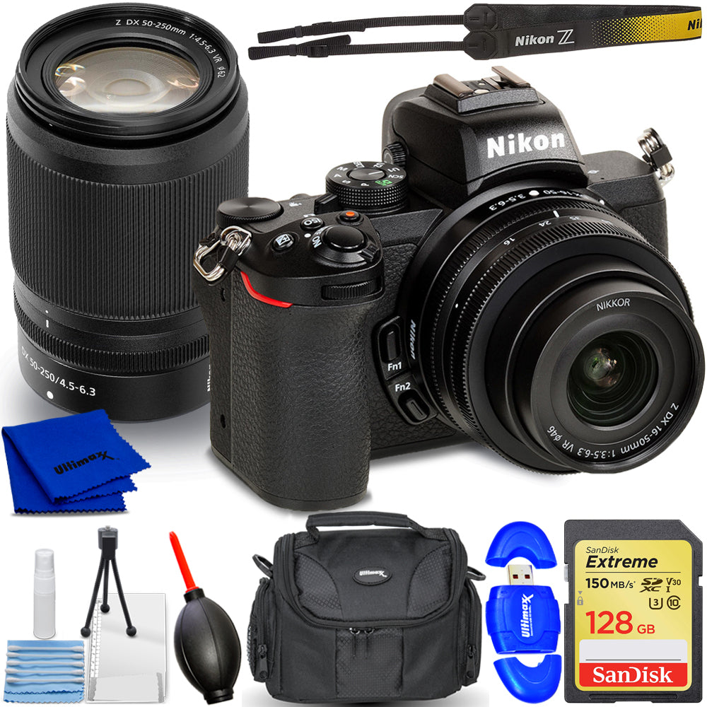 Spiegellose Nikon Z50-Kamera mit 16–50 mm und 50–250 mm Objektiven – 8er-Paket