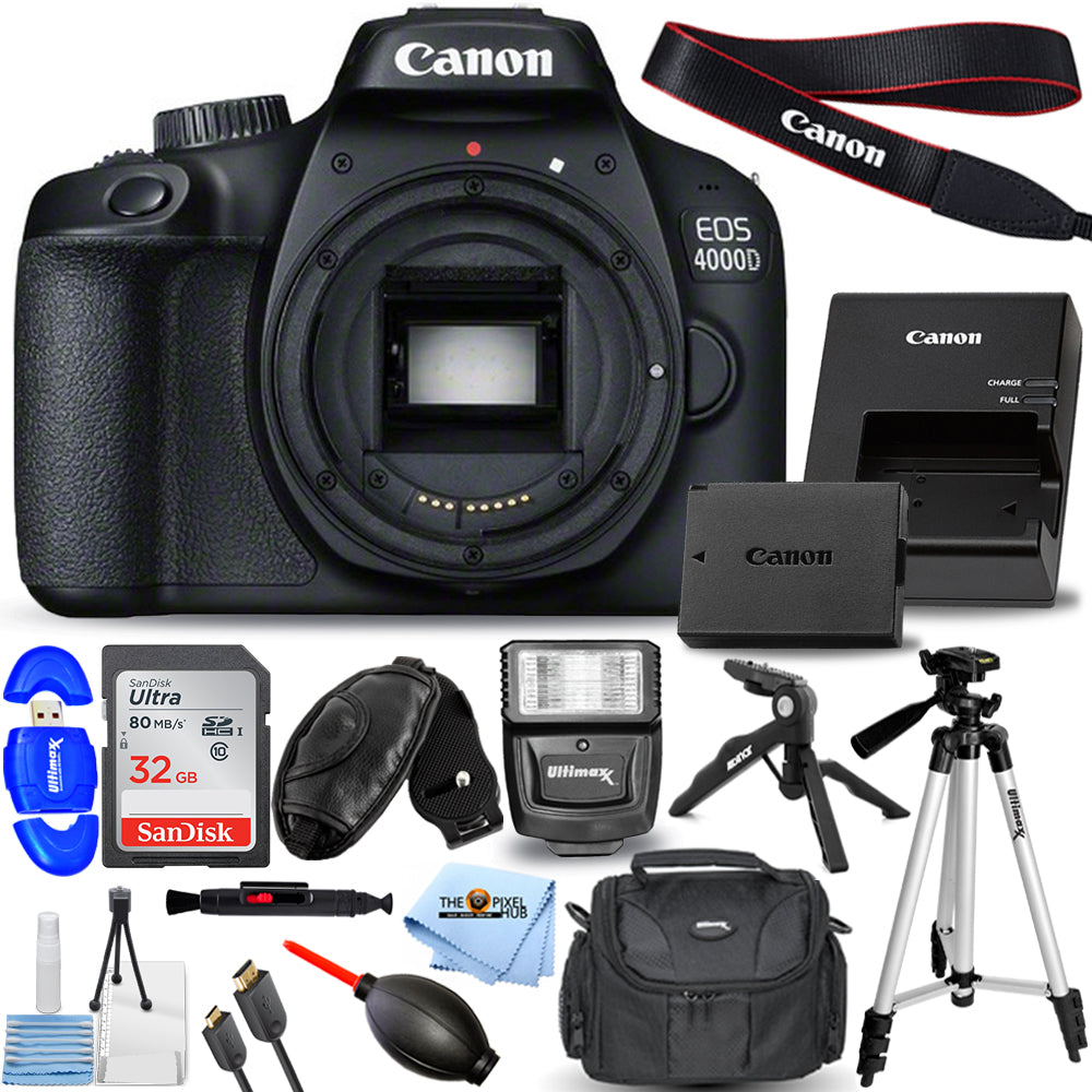 Canon EOS 4000D / Rebel T100 DSLR-Kamera (Gehäuse) + 32 GB + Blitz + Stativ-Paket