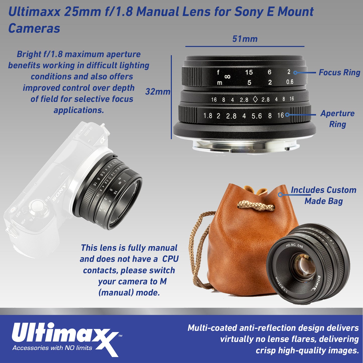 ULTIMAXX 25 mm f/1.8 manuelles Objektiv für Sony E-Mount (Nex)