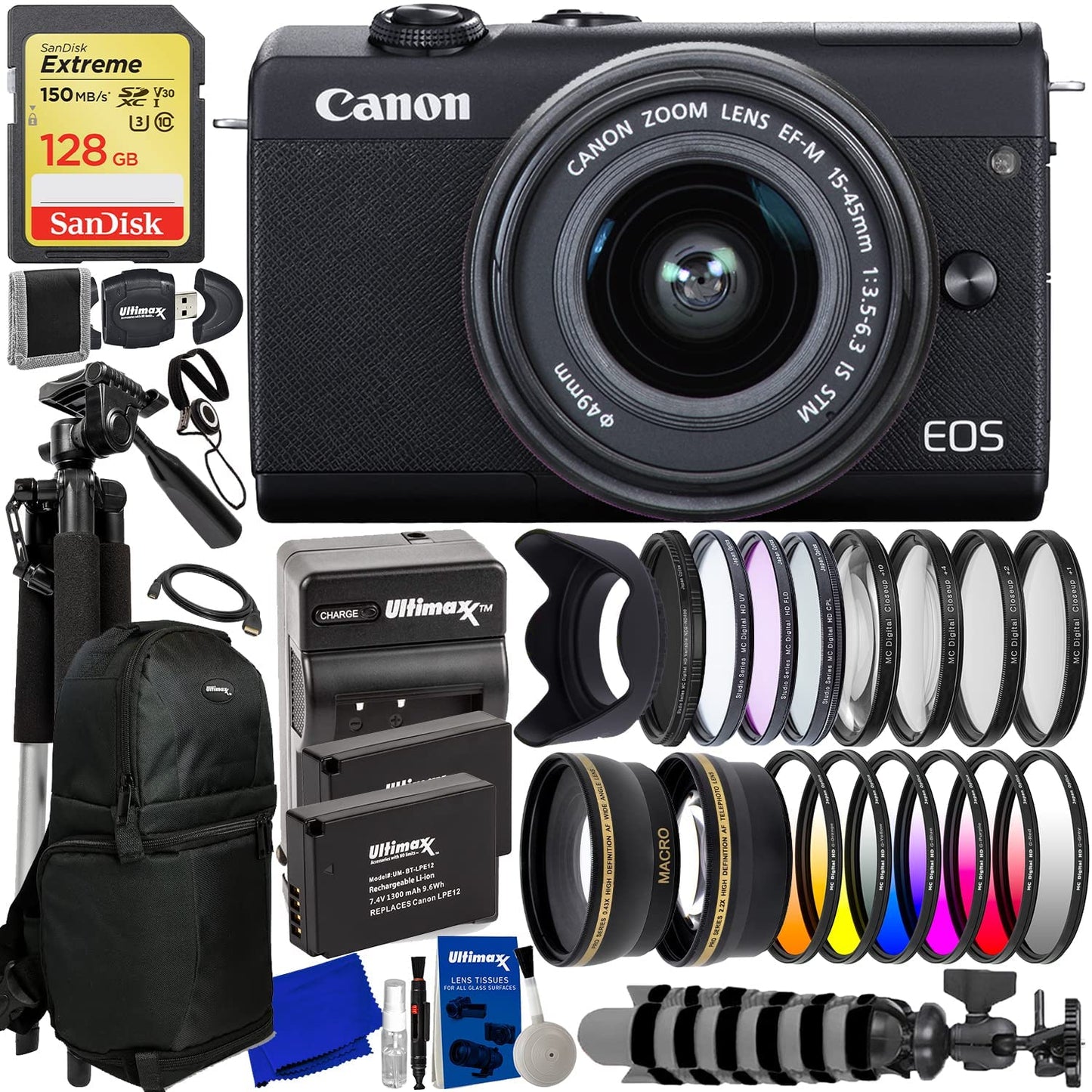 Canon EOS M200 Digitalkamera mit 15-45-mm-Objektiv (Schwarz) – 20-teiliges Zubehörpaket