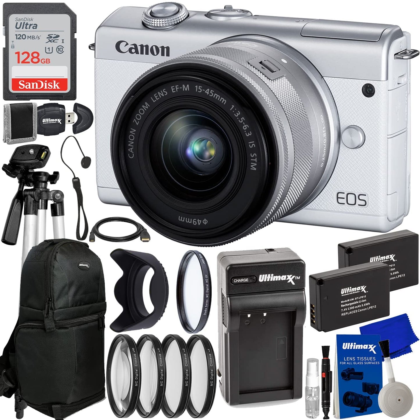 Canon EOS M200 spiegellose Digitalkamera mit 15-45-mm-Objektiv (weiß) + 128-GB-Kit