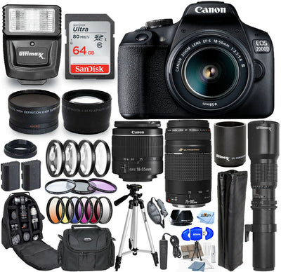 Canon EOS 2000D / Rebel T7 18-55mm + 75-300mm + 500mm 30 Piece Accessory Bundle