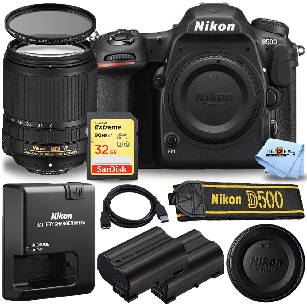 Nikon D500 DSLR-Kamera mit AF-S 18–140 mm VR + EXT BAT + 32 GB + UV-Filterpaket