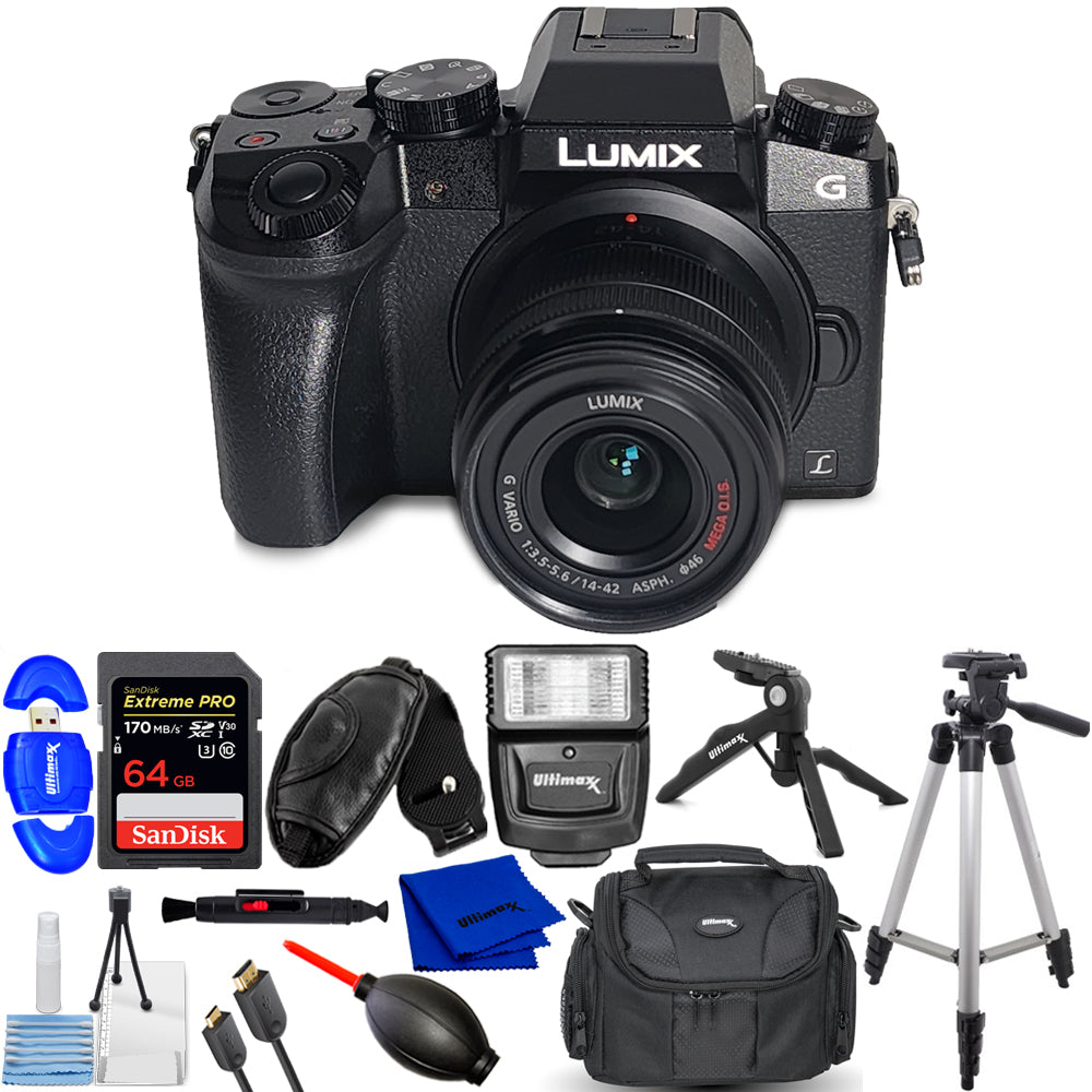 Panasonic Lumix G7 spiegellose Kamera mit 14-42-mm-Objektiv (schwarz) – Zubehörpaket