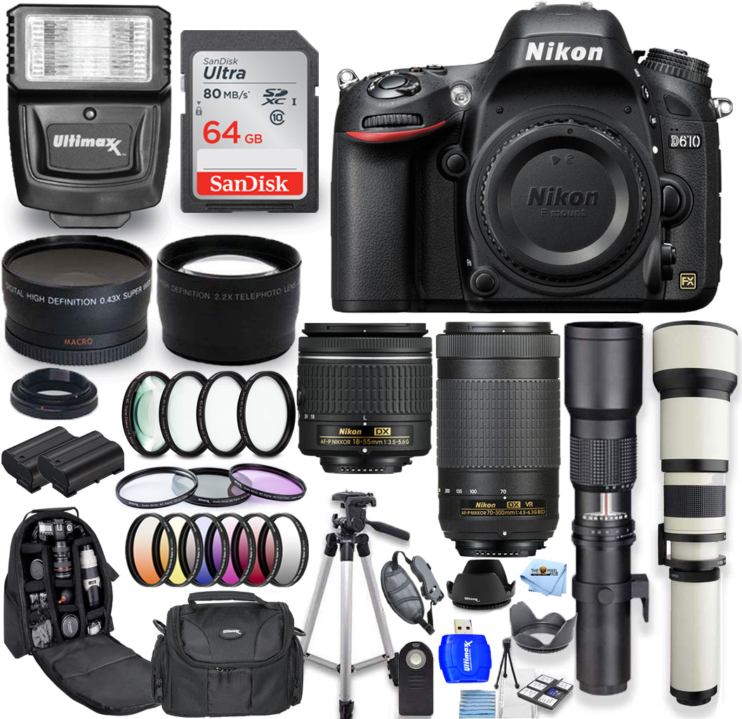 Nikon D610-Kamera mit 18–55 mm + 55–250 mm + 500 mm + 650–1300 mm Objektiven – 30-teiliges Set