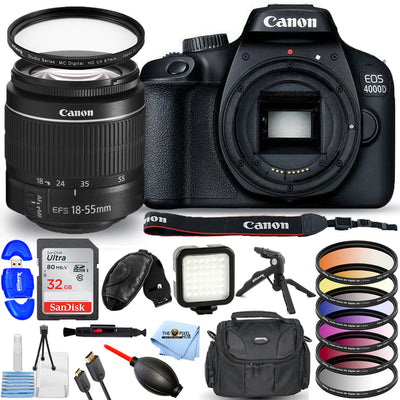 Canon EOS 4000D / Rebel T100 mit EF-S 18-55 mm III-Objektiv, 32 GB, Blitz, Stativpaket