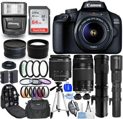 Canon EOS 4000D/Rebel T100 18–55 mm III + 75–300 mm + 500 mm + 420–800 mm – 64-GB-Kit