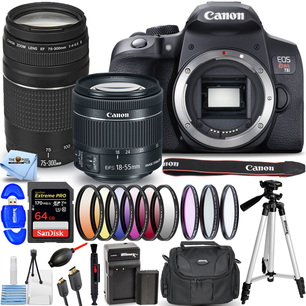 Canon EOS Rebel T8i mit 18-55 mm + 75-300 mm III-Objektiv + 64 GB + Filter-Kit-Paket