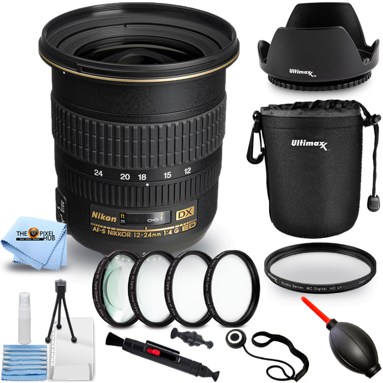 Nikon AF-S DX Zoom-NIKKOR 12–24 mm 1:4G IF-ED-Objektiv – Makro-/Nahaufnahme-Objektivpaket