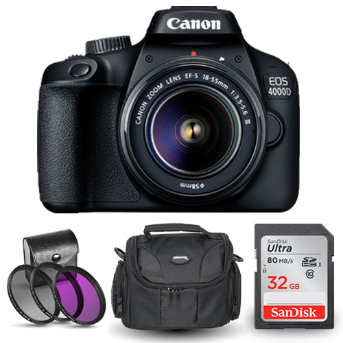 Canon EOS 4000D / Rebel T100 18-55 mm III-Objektiv mit 32 GB SD + Tasche + Filter-Kit