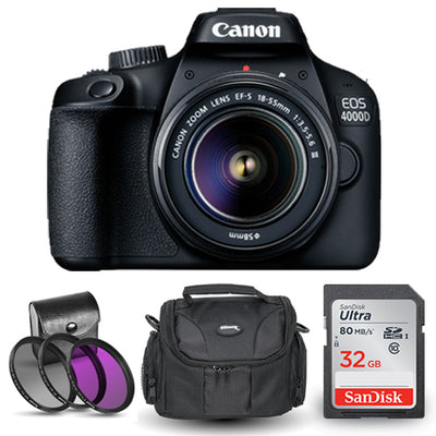 Canon EOS 4000D / Rebel T100 18-55 mm III-Objektiv mit 32 GB SD + Tasche + Filter-Kit