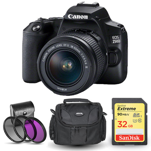 Canon EOS 250D/Rebel SL3 mit 18-55 mm III-Objektiv + 32 GB Case-Filter-Kit-Paket