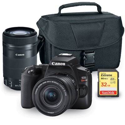 Canon EOS Rebel SL3 DSLR mit 18-55 mm und 55-250 mm Objektiv + 32 GB + großes Gehäuse