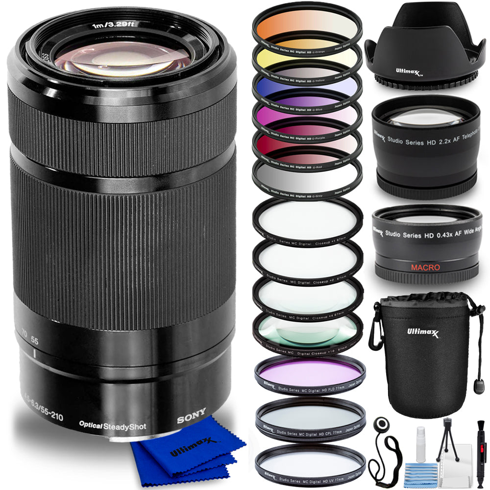 Sony E 55–210 mm f/4,5–6,3 OSS E-Mount-Objektiv + Filter-Kits + Objektivtasche im Paket