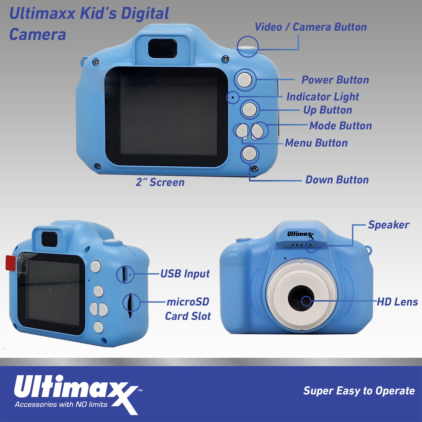 Ultimaxx Digital Video Recorder Camera (Blue) Kids Teens ages 8-12 Beginners with Games 32GB Micro SD Holiday Christmas Gift