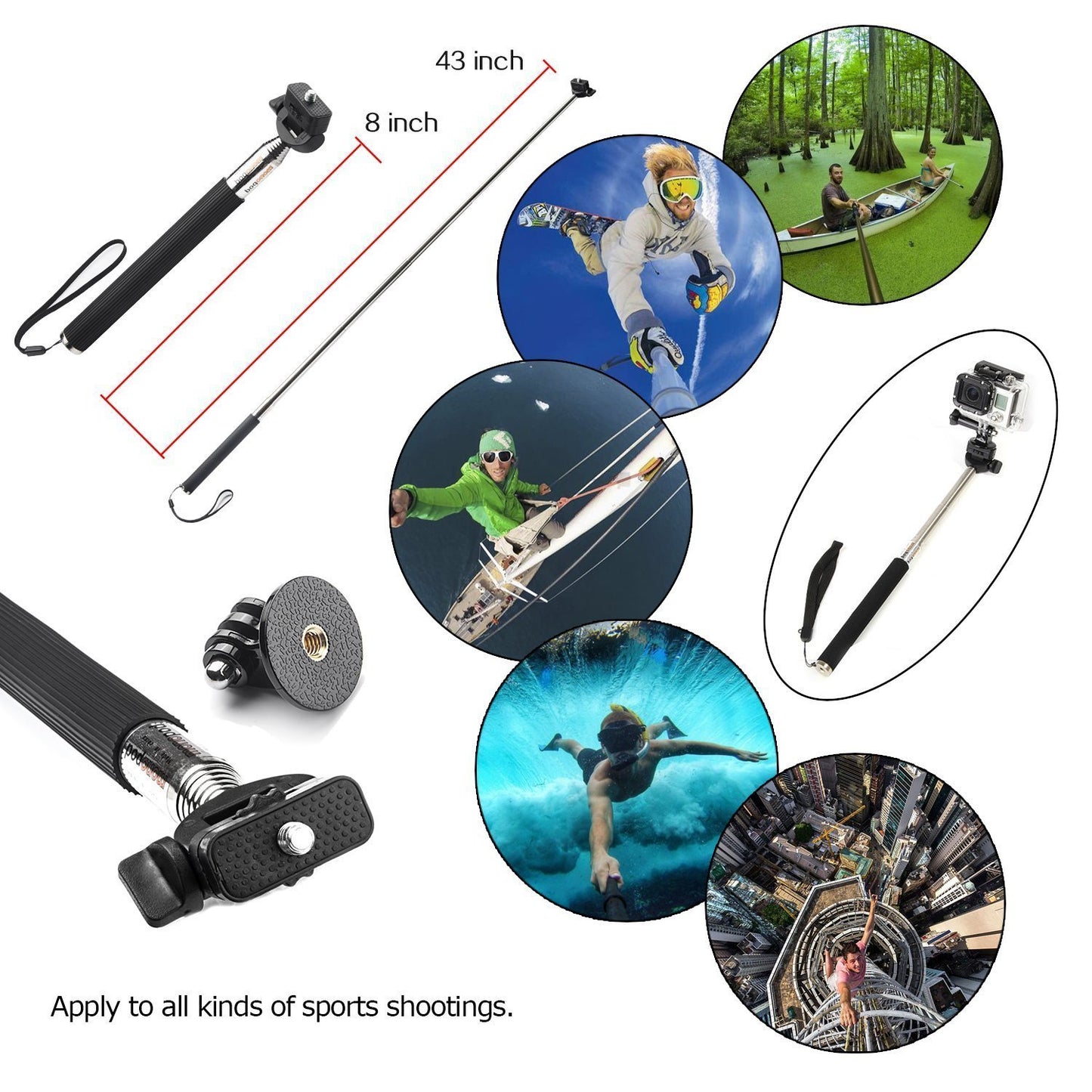 Handheld Pole Extendable Monopod Selfie Stick with GoPro Adapter