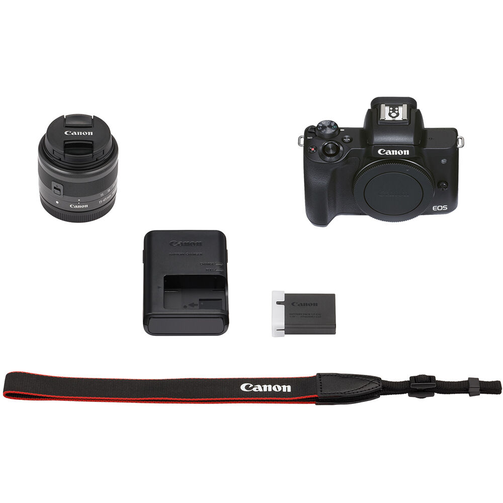 Canon EOS M50 Mark II spiegellose Kamera mit 15-45-mm-Objektiv (schwarz) + Blitzpaket