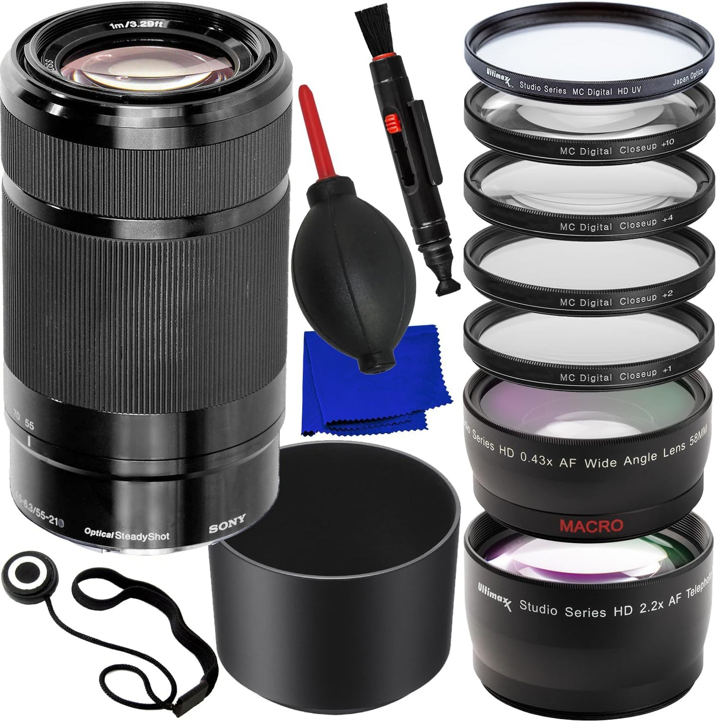 Sony E 55–210 mm f/4,5–6,3 OSS E-Mount-Objektiv (schwarz) – 10-teiliges Zubehörpaket