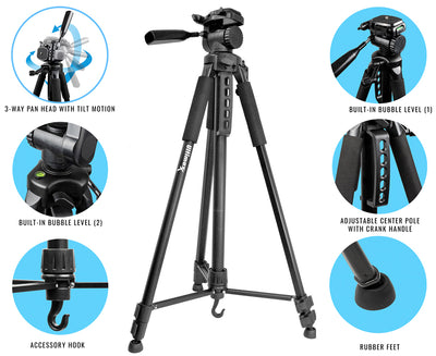 Professional 75-inch Tripod 3-way Panhead Tilt Motion for Most DSLR Cameras