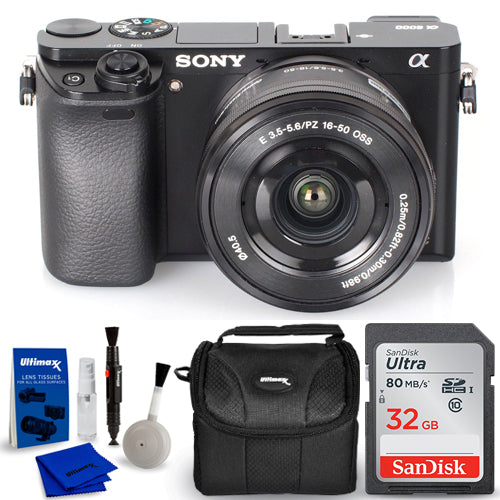 Sony Alpha a6000 spiegellose Digitalkamera mit 16-50-mm-Objektiv, Schwarz – 32-GB-Paket