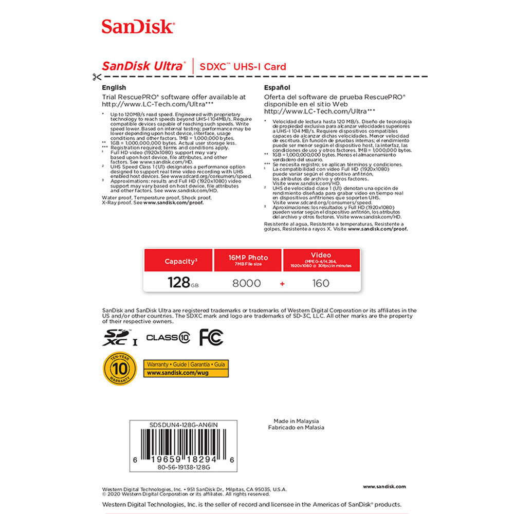 SanDisk 128GB Ultra SDHC UHS-I / Class 10 Memory Card 120MB/s SDSDUN4-128G-GN6IN