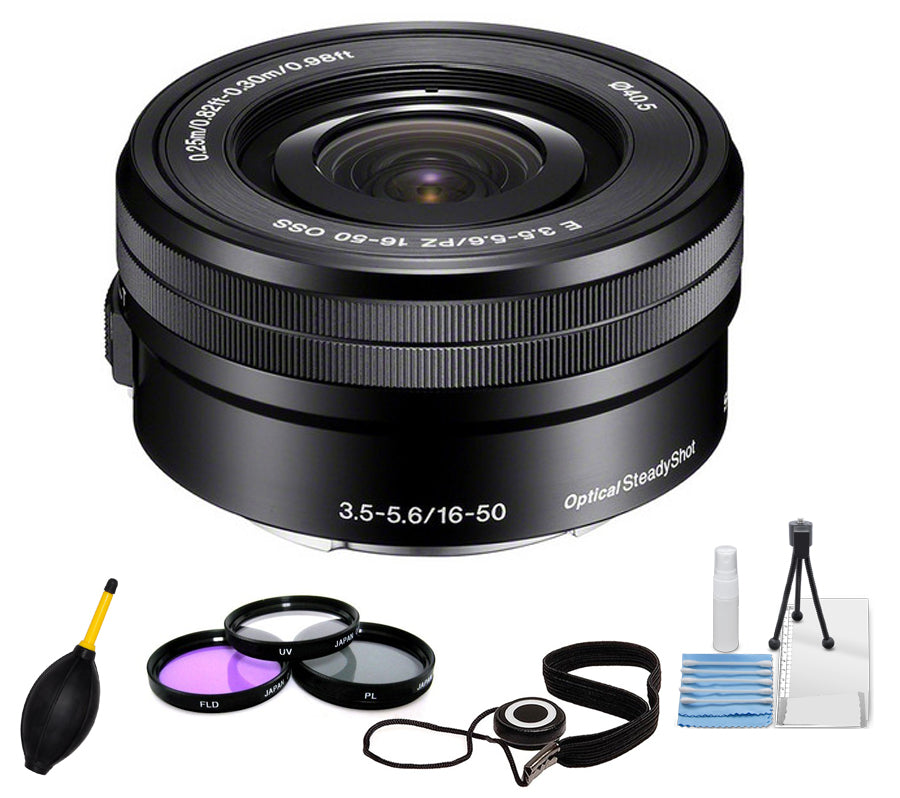 Sony E PZ 16–50 mm f/3,5–5,6 OSS-Objektiv SELP1650 + Filter-Kit + Cap Keeper-Paket