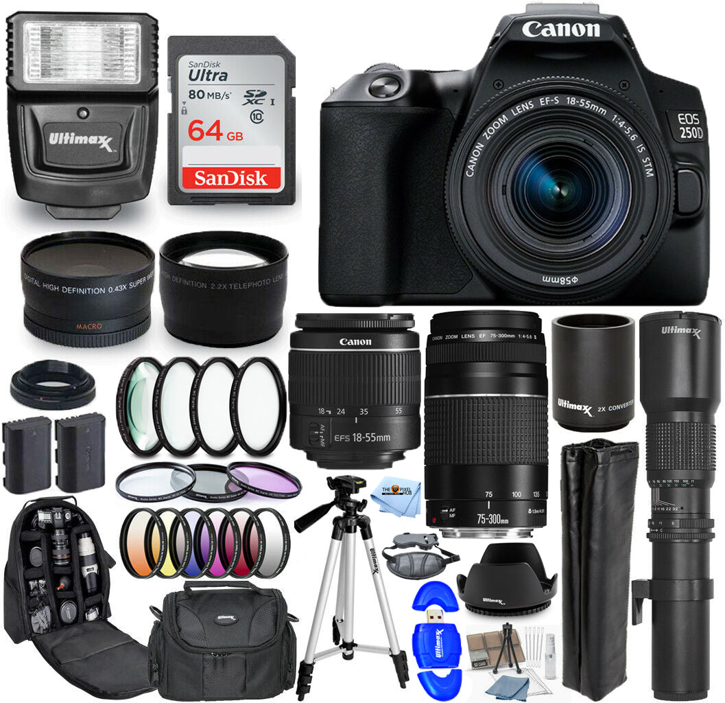 Canon EOS 250D / Rebel SL3 DSLR mit 18-55 mm + 500 mm + 64 GB + Blitzpaket