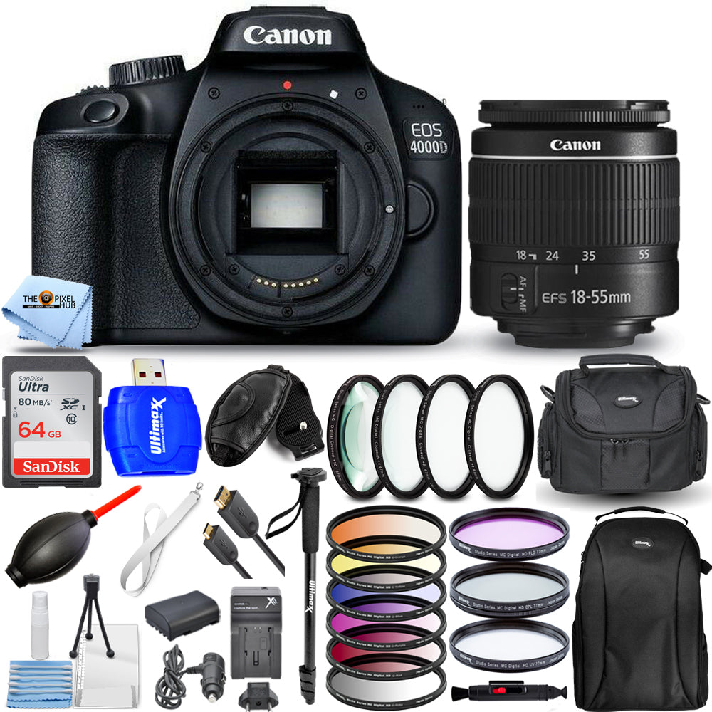 Canon EOS 4000D / Rebel T100 mit 18-55-mm-Objektiv + 64 GB + Filter-Kit-Paket