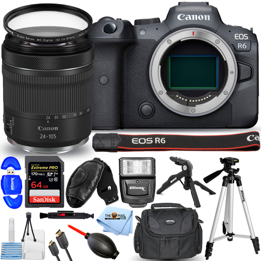 Canon EOS R6 spiegellose Kamera mit 24-105 mm f/4-7.1 Objektiv + 64 GB + Blitzpaket