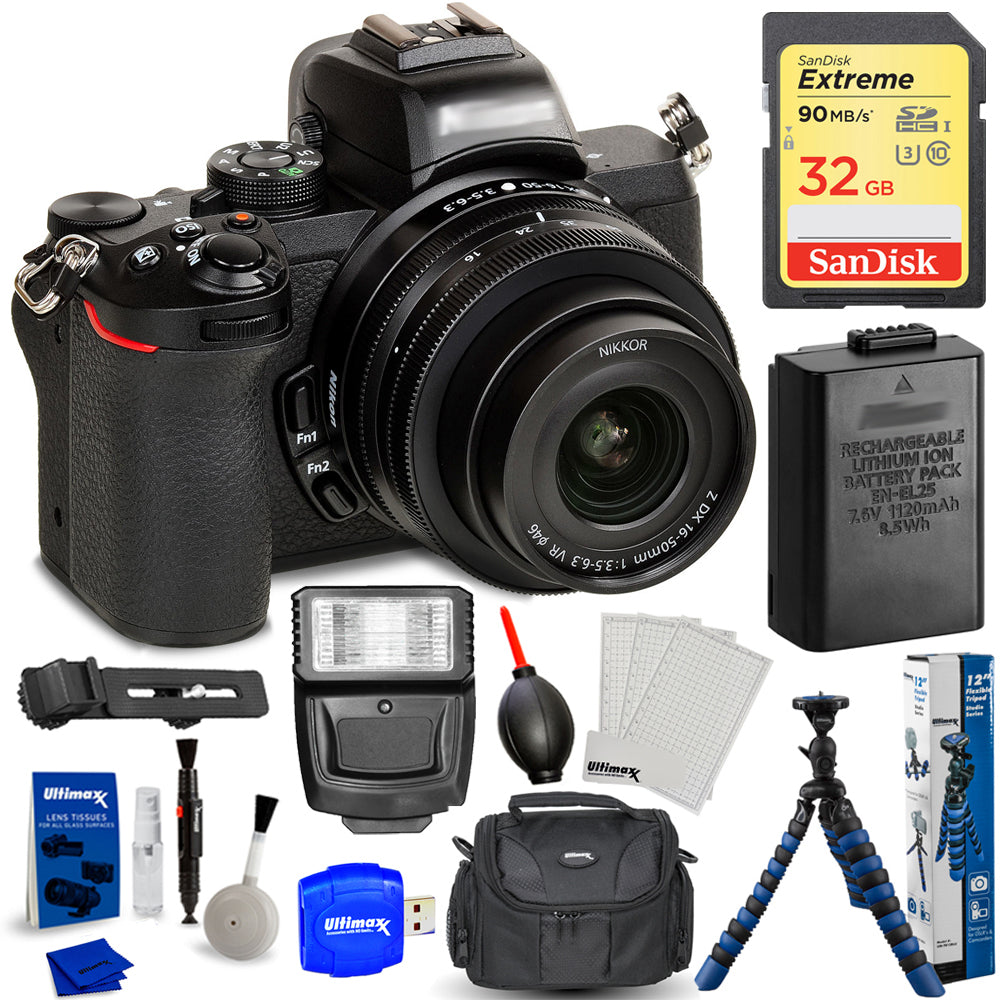 Nikon Z50 spiegellose Digitalkamera mit 16-50-mm-Objektiv + 32 GB + Blitzlicht-Paket