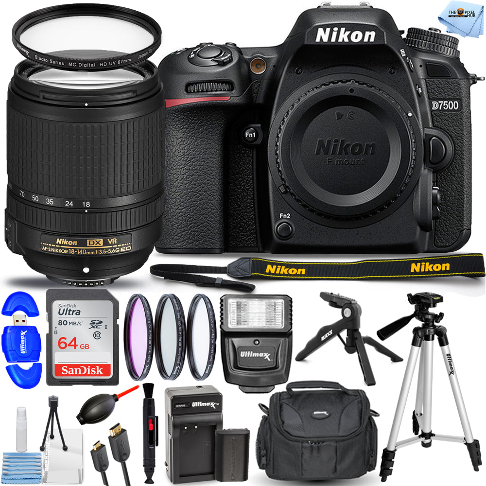 Nikon D7500 DSLR-Kamera mit 18-140-mm-Objektiv + 64 GB + Filter-Kit + Blitzpaket