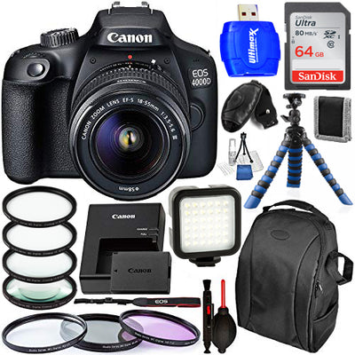 Canon EOS 4000D/Rebel T100 DSLR-Kamera mit 18-55 mm III-Objektiv – 12-teiliges Paket