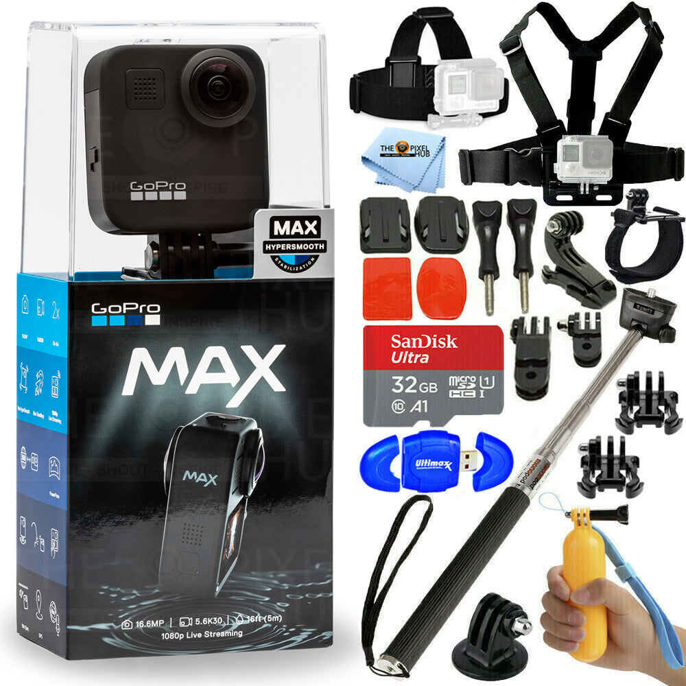 GoPro MAX 360 Waterproof Action Camera + 32GB + Chest and Head Strap Bundle