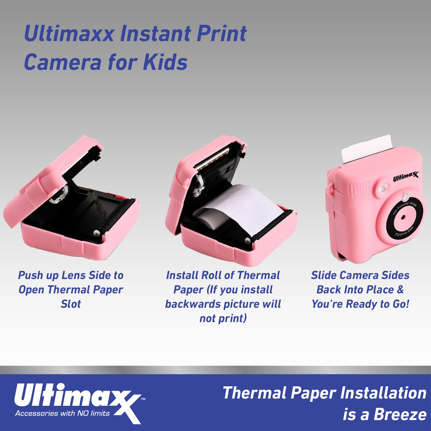 Ulitmaxx Digitalkamera für Kinder mit 32 GB Micro-SD-Karte, 3 Rollen Papier, Pink