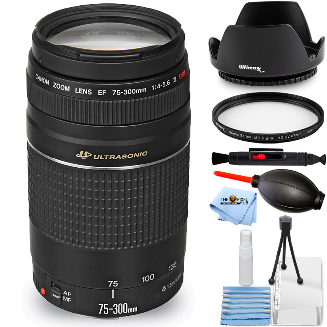 Canon EF 75-300mm f/4-5.6 III Lens (Black) White Box - 7PC Accessory Bundle