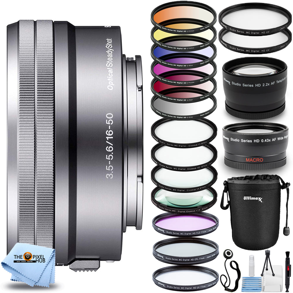 Sony E PZ 16–50 mm f/3,5–5,6 OSS-Objektiv (Silber) – 22-teiliges Zubehörpaket