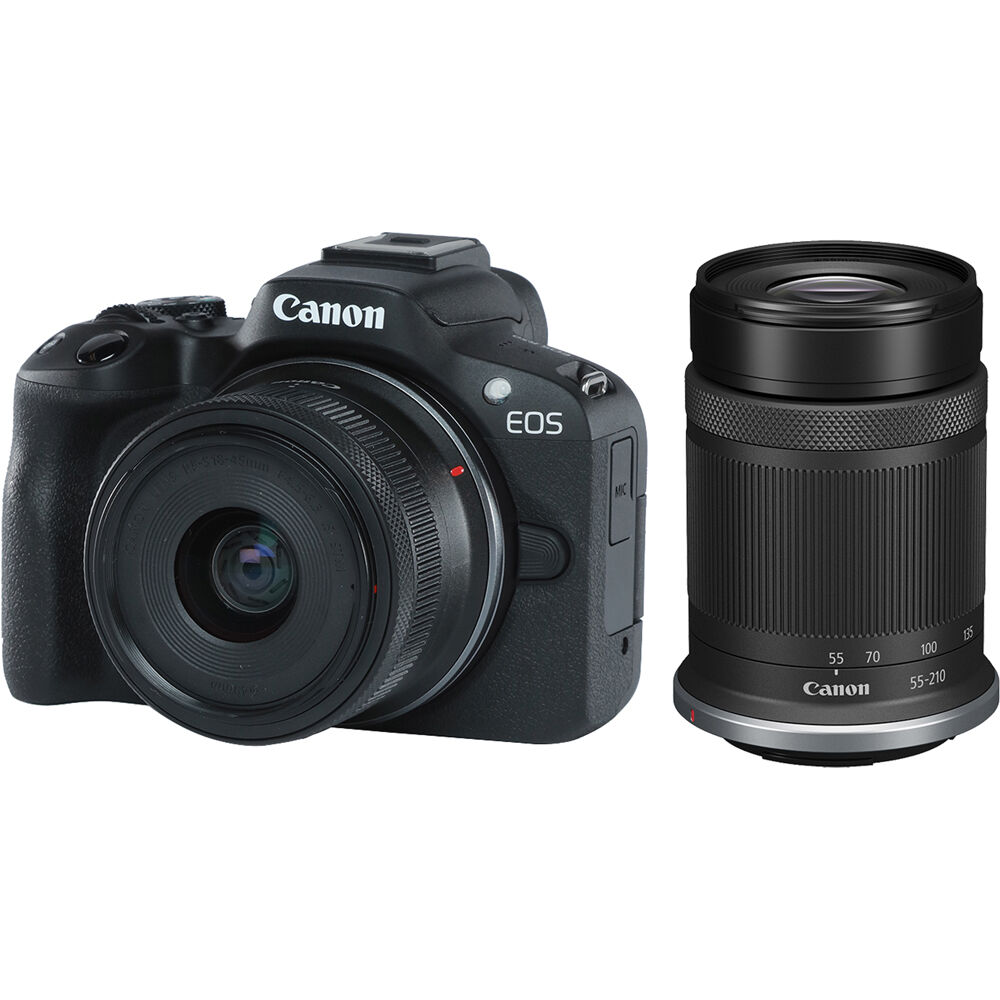 Spiegellose Kamera Canon EOS R50 mit 18–45 mm und 55–210 mm Objektiven (Schwarz)