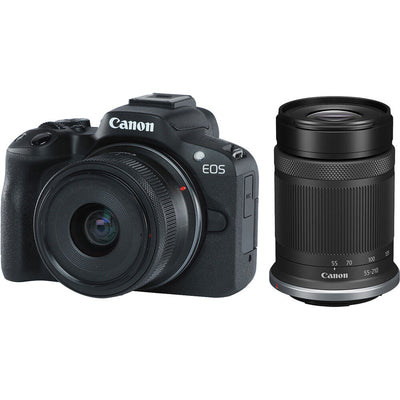 Spiegellose Kamera Canon EOS R50 mit 18–45 mm und 55–210 mm Objektiven (Schwarz)