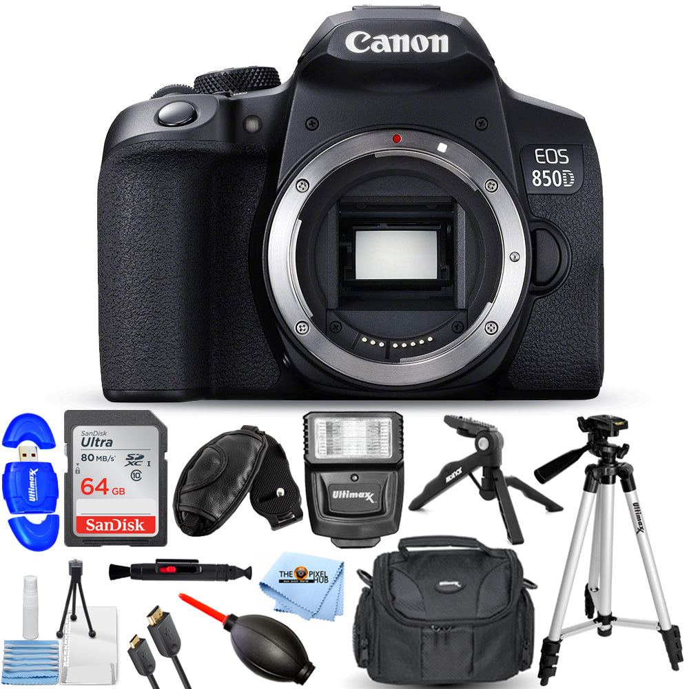 Canon EOS 850D / T8i / Kiss X10i DSLR-Kamera (nur Gehäuse) + 64 GB + Blitzlicht-Paket