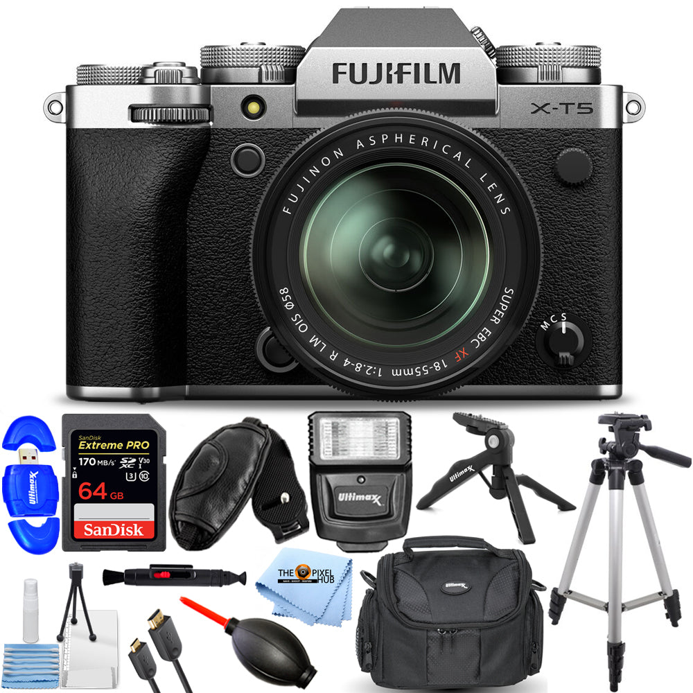 FUJIFILM X-T5 Mirrorless Camera with 18-55mm Lens Silver - 12PC Accessory Bundle