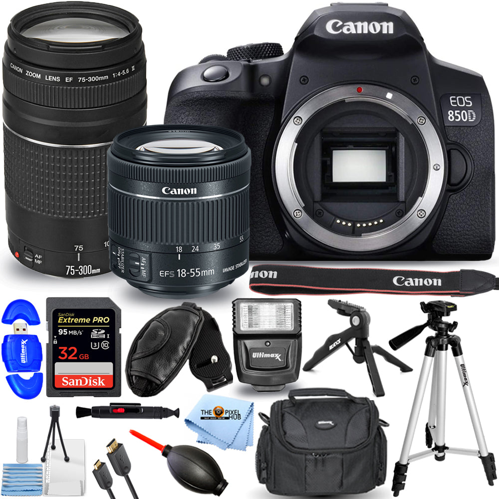 Canon EOS 850D DSLR mit 18-55 mm + 75-300 mm + 32 GB + Blitzpaket